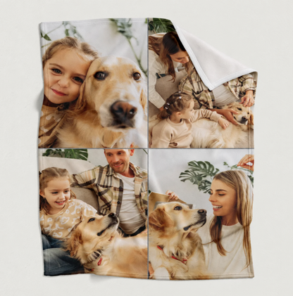 Personalisierte Haustierdecke mit Fotos von einem Hund und einer Familie in vier quadratischen Bildern.
