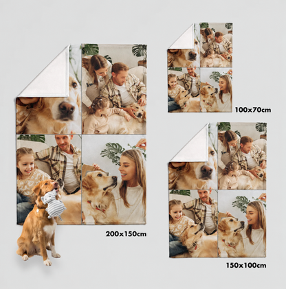 Personalisierte Haustierdecke in verschiedenen Größen mit Fotos von Familie und Hund, weiches Material.