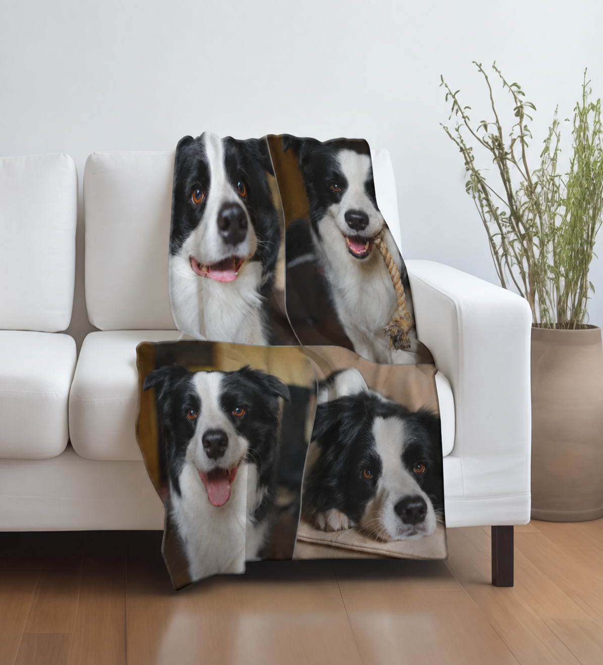 Personalisierte Haustierdecke mit Bildern von Black-White-Hunden auf einer weißen Couch.