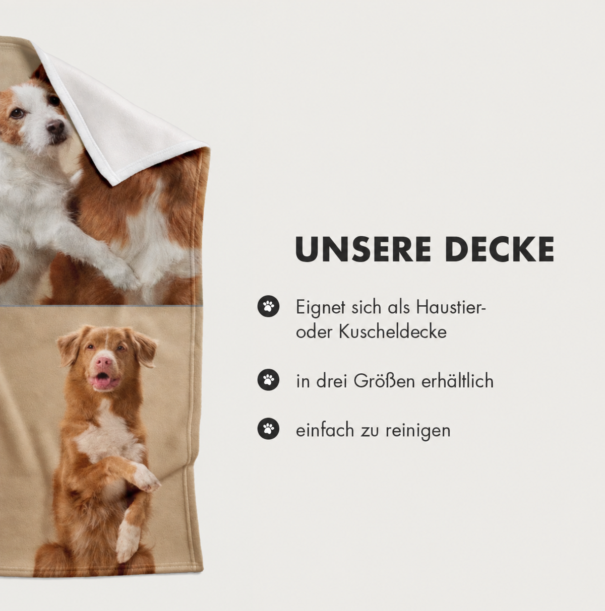 Personalisierte Haustierdecke mit Tiermotiven, weich und in drei Größen erhältlich. Ideal zum Kuscheln und leicht zu reinigen.