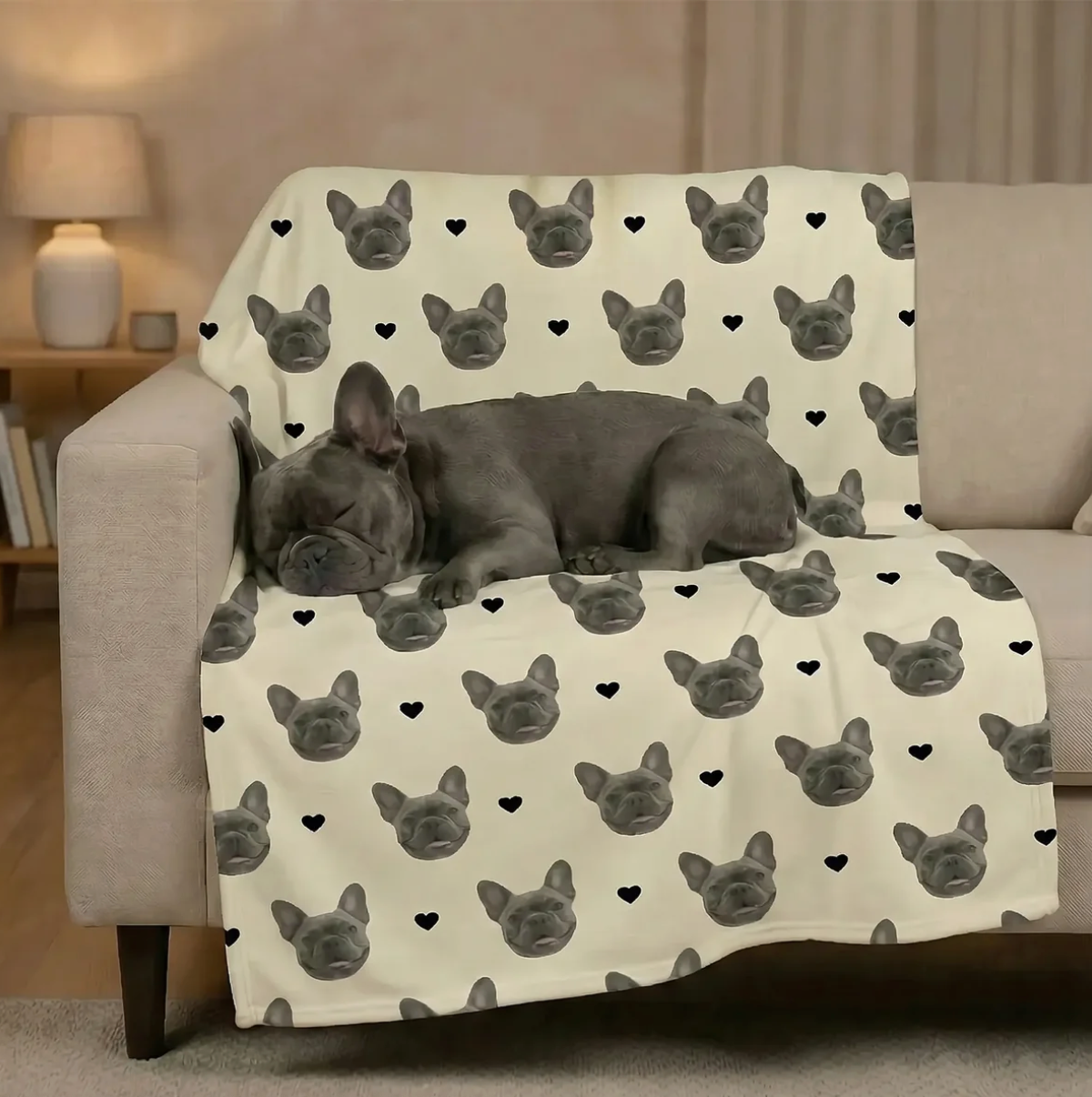 Personalisierte Decke mit Haustierköpfen auf beigem Hintergrund, Hund liegt entspannt darauf.