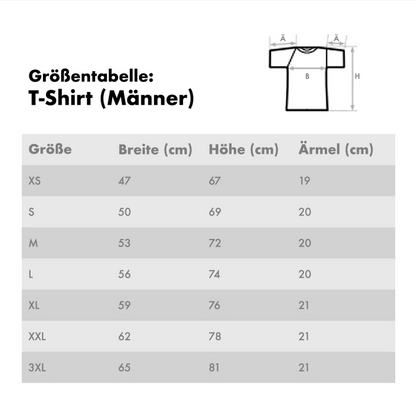 Größentabelle für personalisierte T-Shirts für Männer mit Maßen in cm.