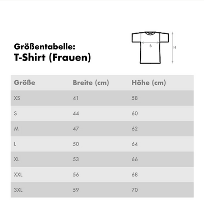Größentabelle für Frauen-T-Shirts mit Maßen in Breite und Höhe.