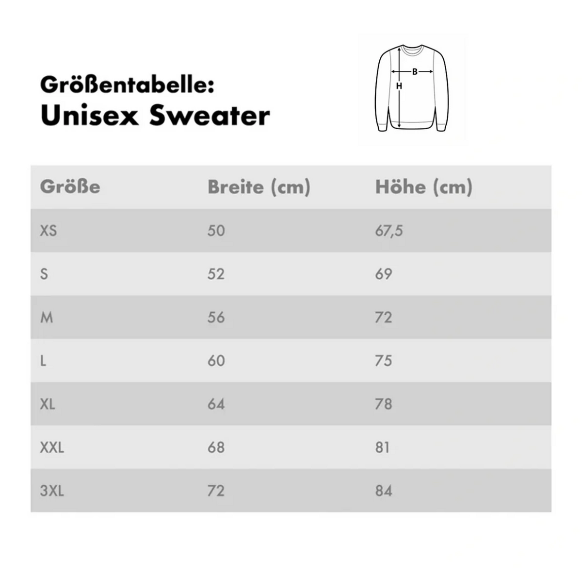 Größentabelle für unisex Sweatshirts mit Maßen in cm für XS bis 3XL.