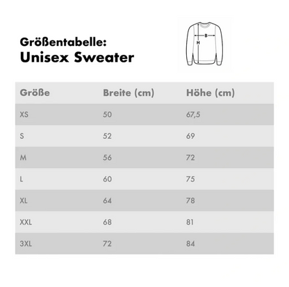 Größentabelle für unisex Sweatshirts mit Maßen in cm für XS bis 3XL.