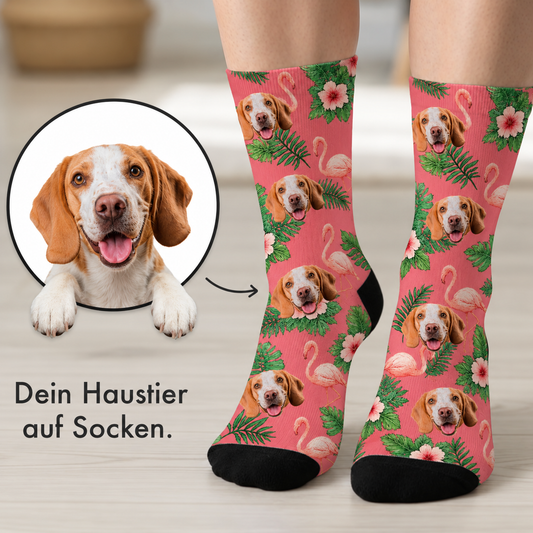 Personalisierte Socken mit buntem Design eines Beagles, rosa Hintergrund mit Flamingos und Blättern.