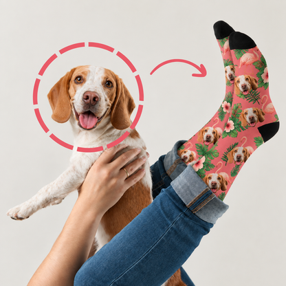 Personalisierte Socken mit buntem Paradiesvogel-Design, rosa Hintergrund und Hundemotiven. Baumwollmischung.