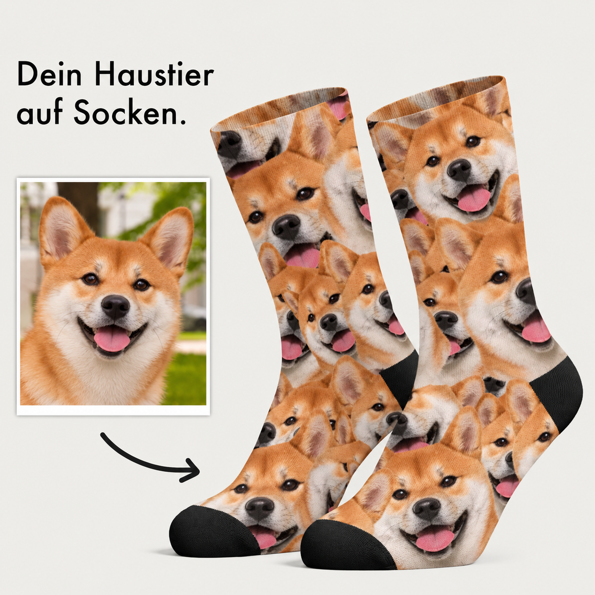 Personalisierte Socken mit buntem Fotomuster von Hunden, überwiegend orange und schwarz.