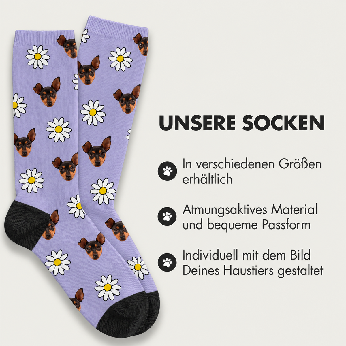 Lila Socken mit Hundemotiven und Blumendruck, atmungsaktiv und in verschiedenen Größen erhältlich.