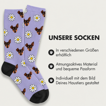 Lila Socken mit Hundemotiven und Blumendruck, atmungsaktiv und in verschiedenen Größen erhältlich.