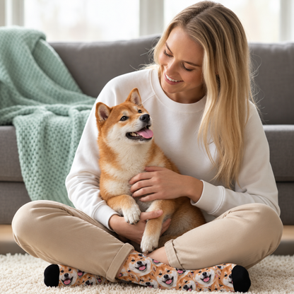 Personalisierte Socken mit wildem Fotomuster, detailreiche Darstellung eines Shiba Inu.