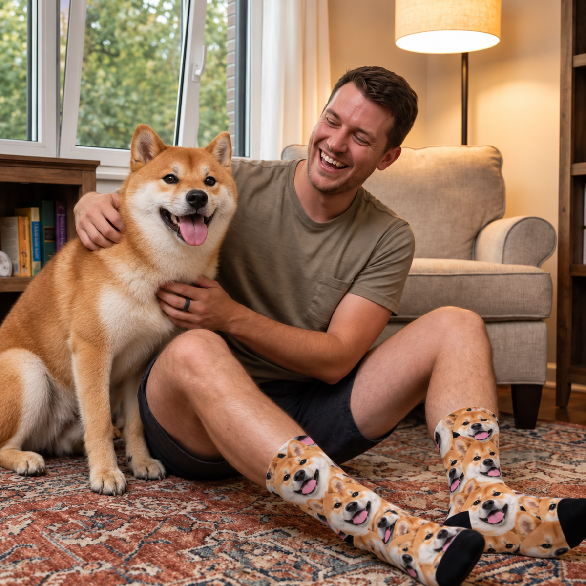 Personalisierte Socken mit einem Fotomuster von Shiba Inu Hunden, farbenfroh und aus hochwertigem Material.