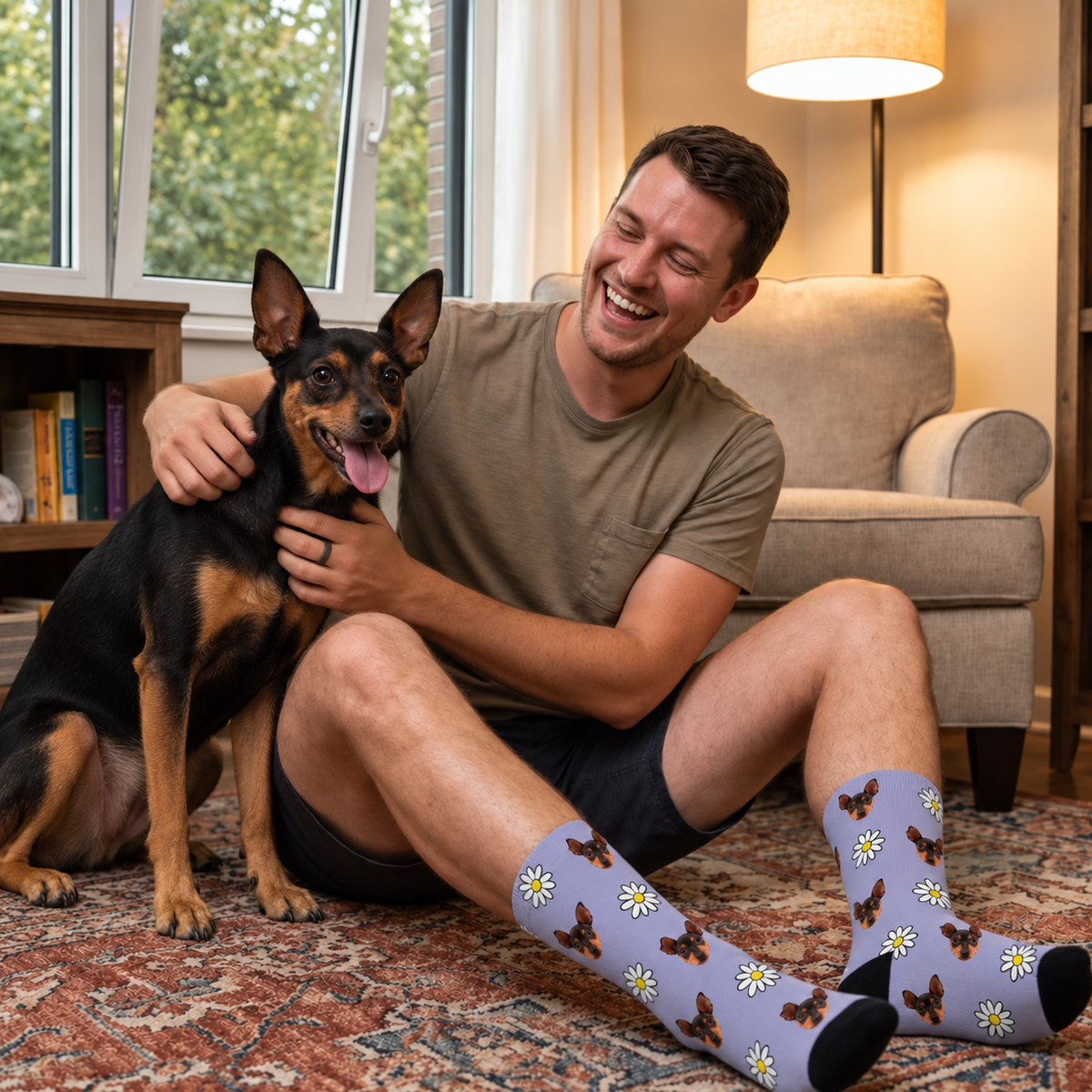 Personalisierte Socken mit Fotomuster in lila mit Blumen und Hunden, seitlich getragen von einer Person mit Hund.