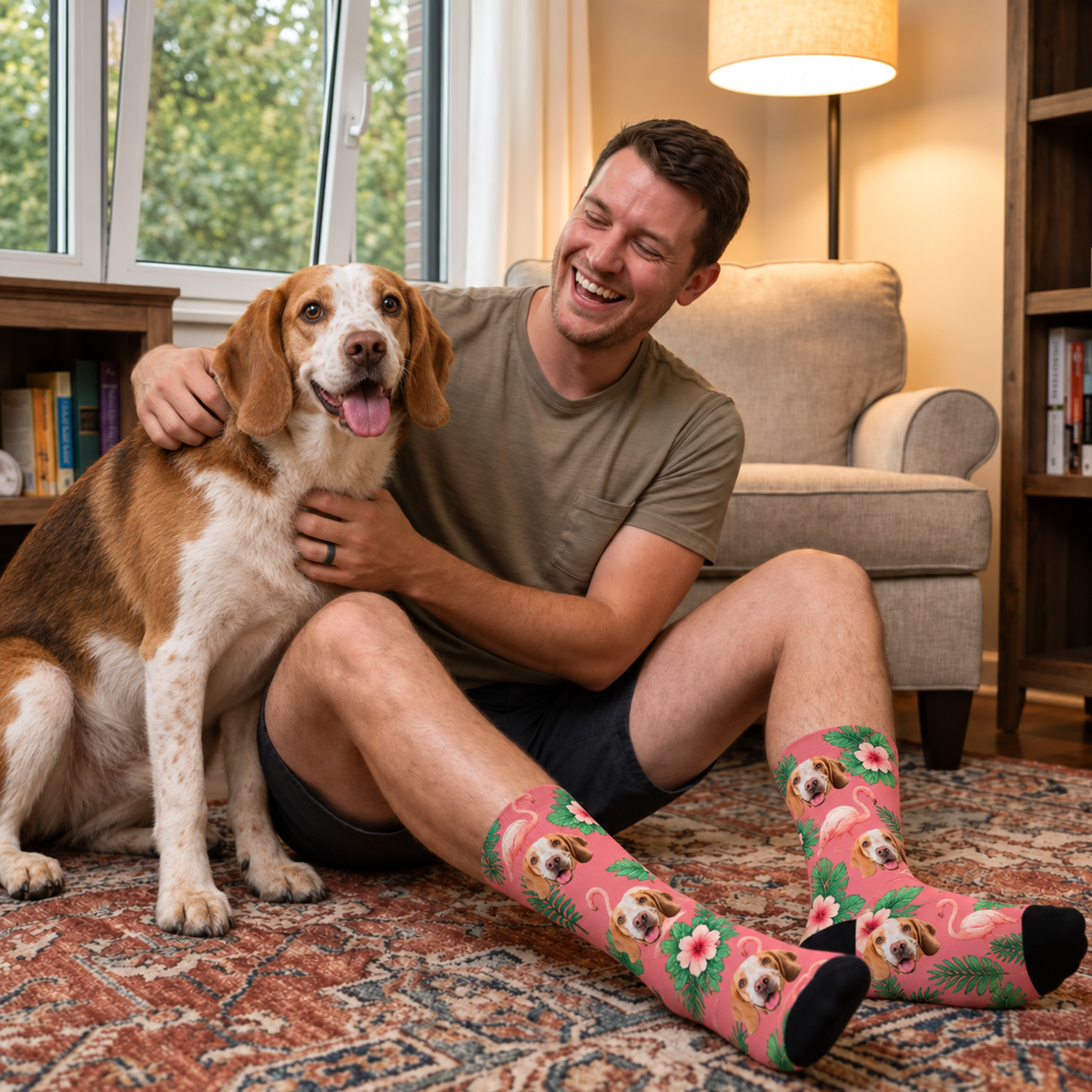 Personalisierte Socken mit Paradiesvogel-Design, rosa Farbton, abgebildet an einem Mann mit Hund.