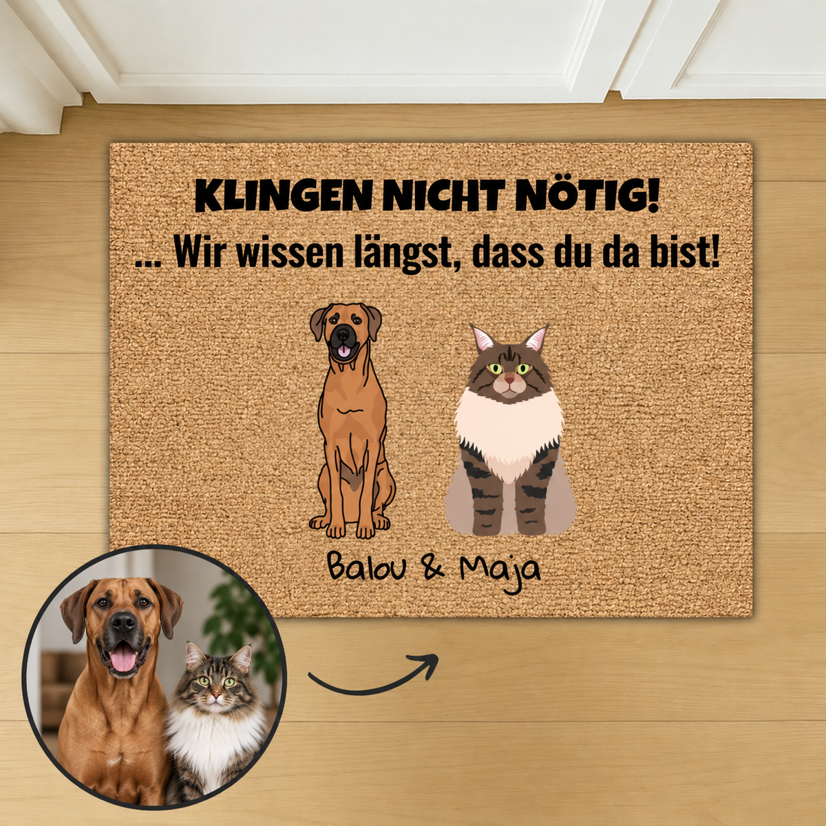 Personalisierte Fußmatte aus Kokos mit Zeichnungen von Hund und Katze, Aufschrift: "Klingeln nicht nötig!
