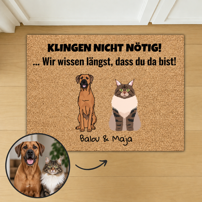 Personalisierte Fußmatte aus Kokos mit Zeichnungen von Hund und Katze, Aufschrift: "Klingeln nicht nötig!