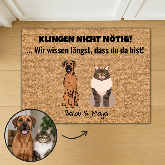Personalisierte Fußmatte aus Kokos mit Zeichnungen von Hund und Katze, Aufschrift: "Klingeln nicht nötig!