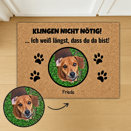 Personalisierte Fußmatte mit Foto eines Hundes und dem Text "KLINGEN NICHT NÖTIG!" in Schwarz.