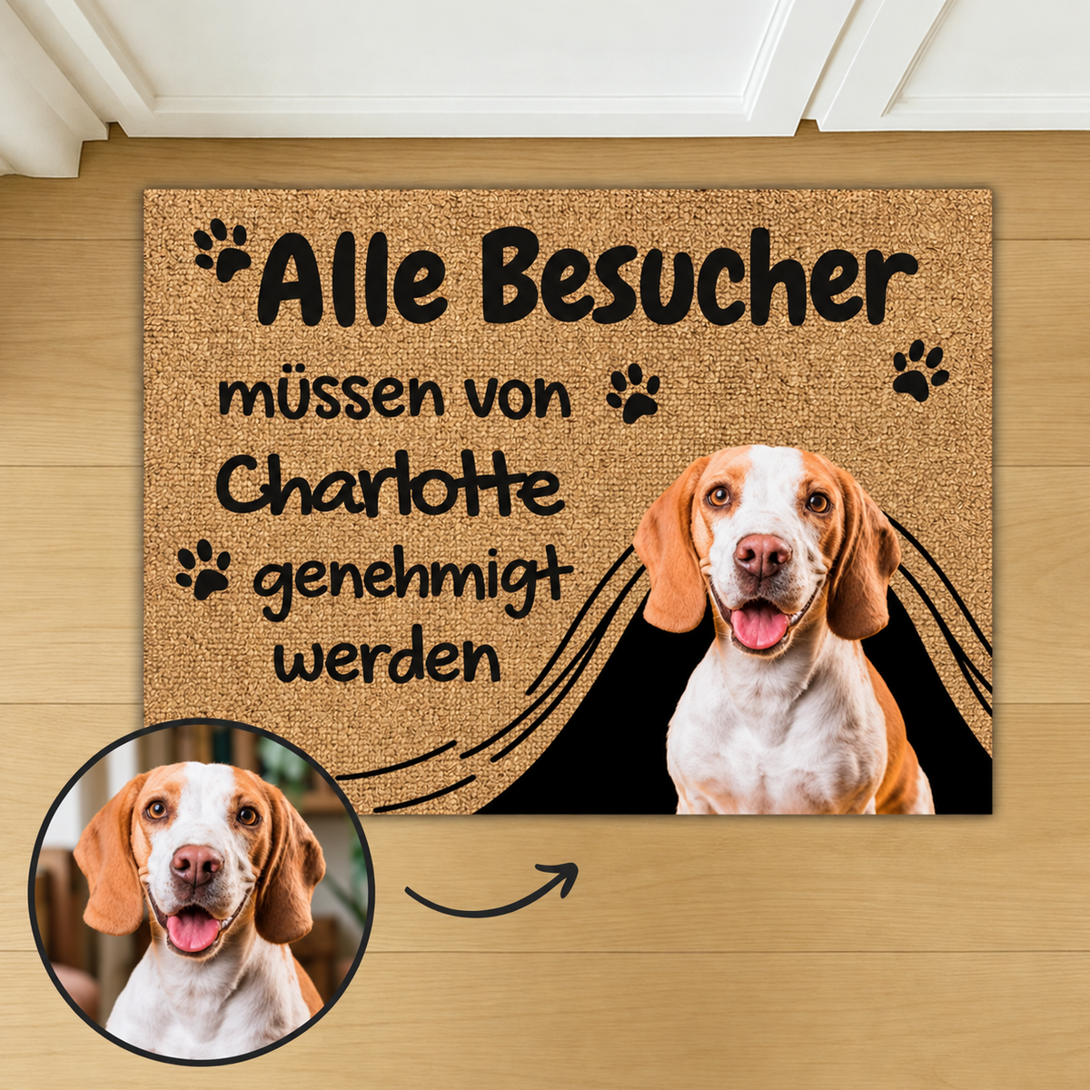 Personalisierte Fußmatte mit Aufschrift und Bild eines Hundes, braunes Material mit schwarzem und beigem Design.