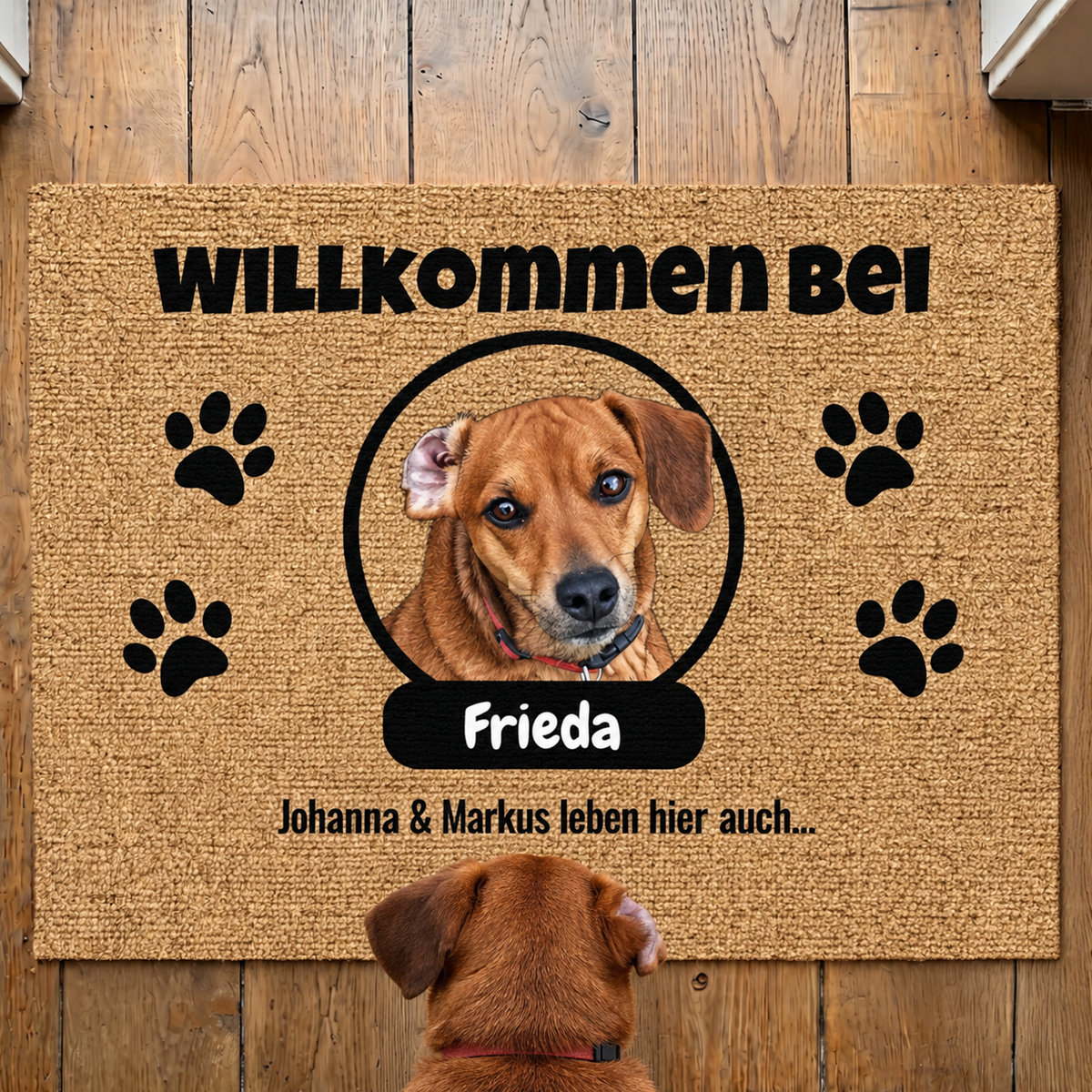 Personalisierte Fußmatte aus Kokosfaser mit Hundebild, Namensschild und Pfotenmotiven.