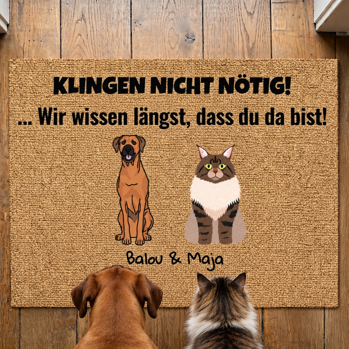 Personalisierte Fußmatte aus Kokosfaser mit Hund- und Katzenmotiven sowie Aufschrift in schwarz.