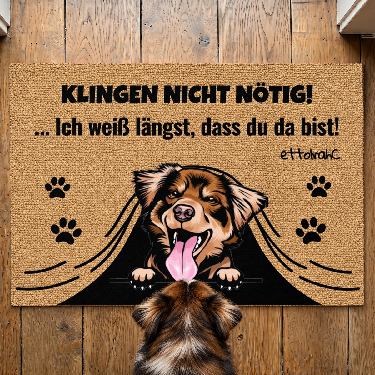 Personalisierte Fußmatte aus Kokosfaser mit Hundemotiv und dem Text "Klingeln nicht nötig!" in Schwarz.