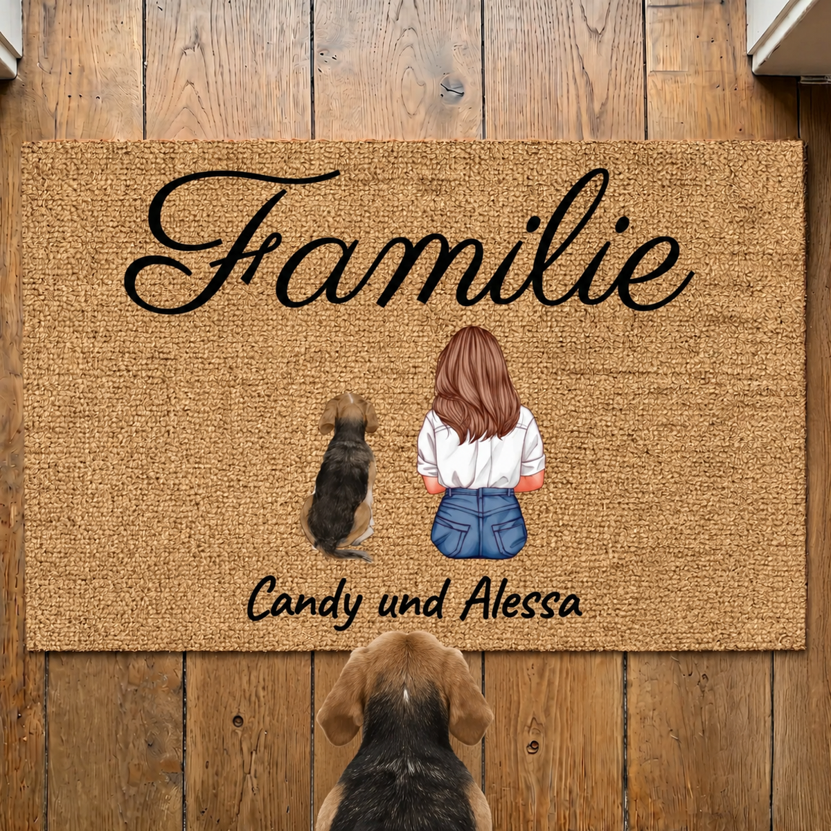 Personalisierte Fußmatte aus Naturmaterial mit der Aufschrift „Familie“ und den Namen Candy und Alessa.