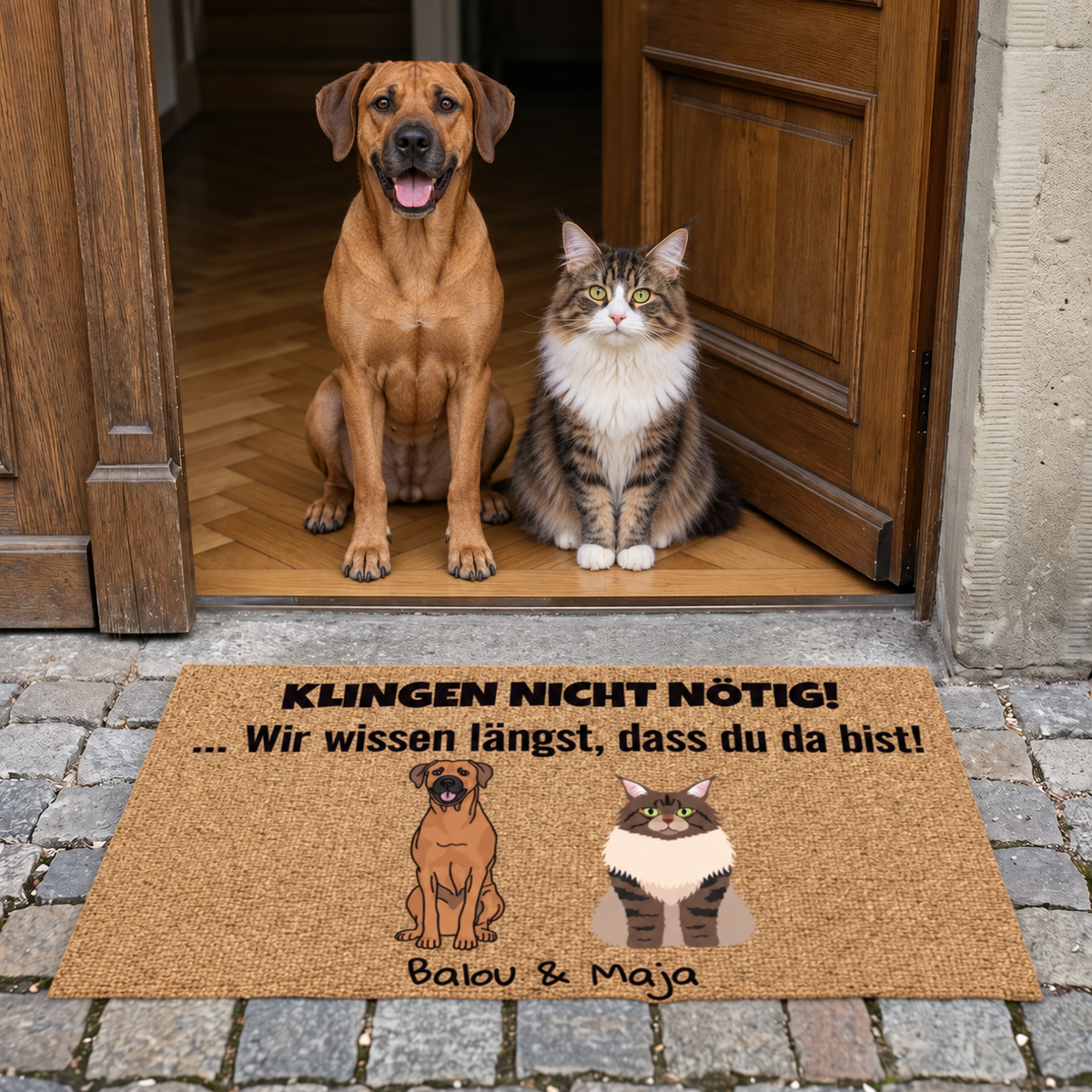 Personalisierte Fußmatte mit Aufdruck, braun, zeigt einen Hund und eine Katze.