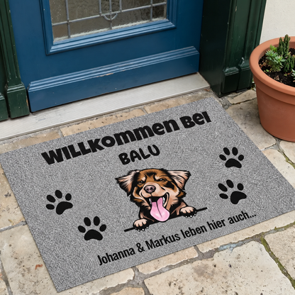 Personalisierte Fußmatte mit grauem Design, Hundemotiv und Text „Willkommen bei Balu“.