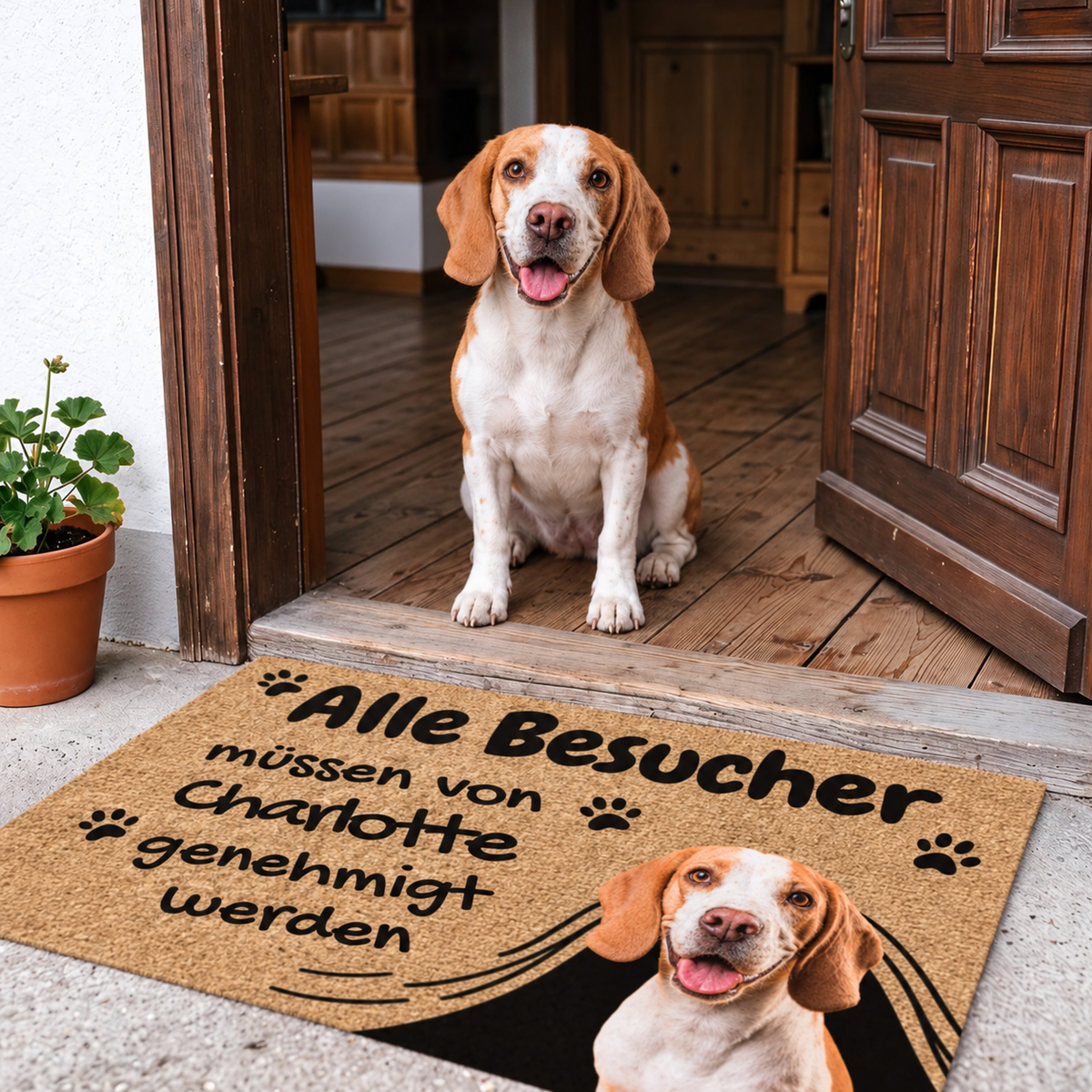 Beige Fußmatte mit schwarzem Aufdruck, Text und Hundemotiv, vor einer Haustür liegend. Hund sitzt daneben.