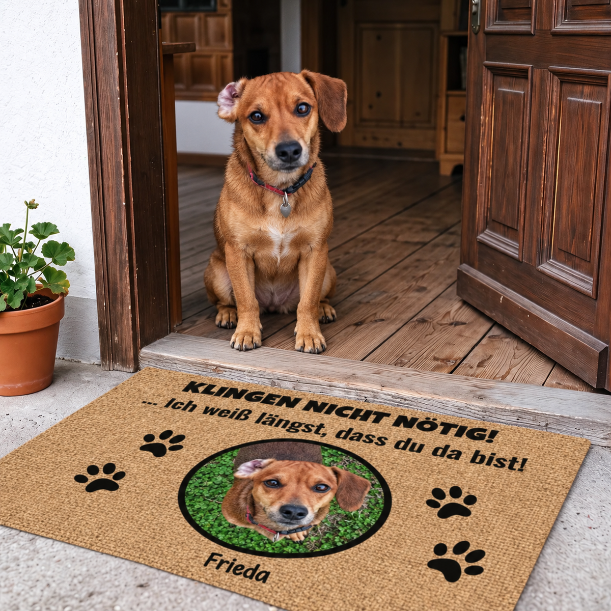 Personalisierte Fußmatte aus Synthetik, braun mit Hundebild und Text. Hund sitzt vor der Tür.