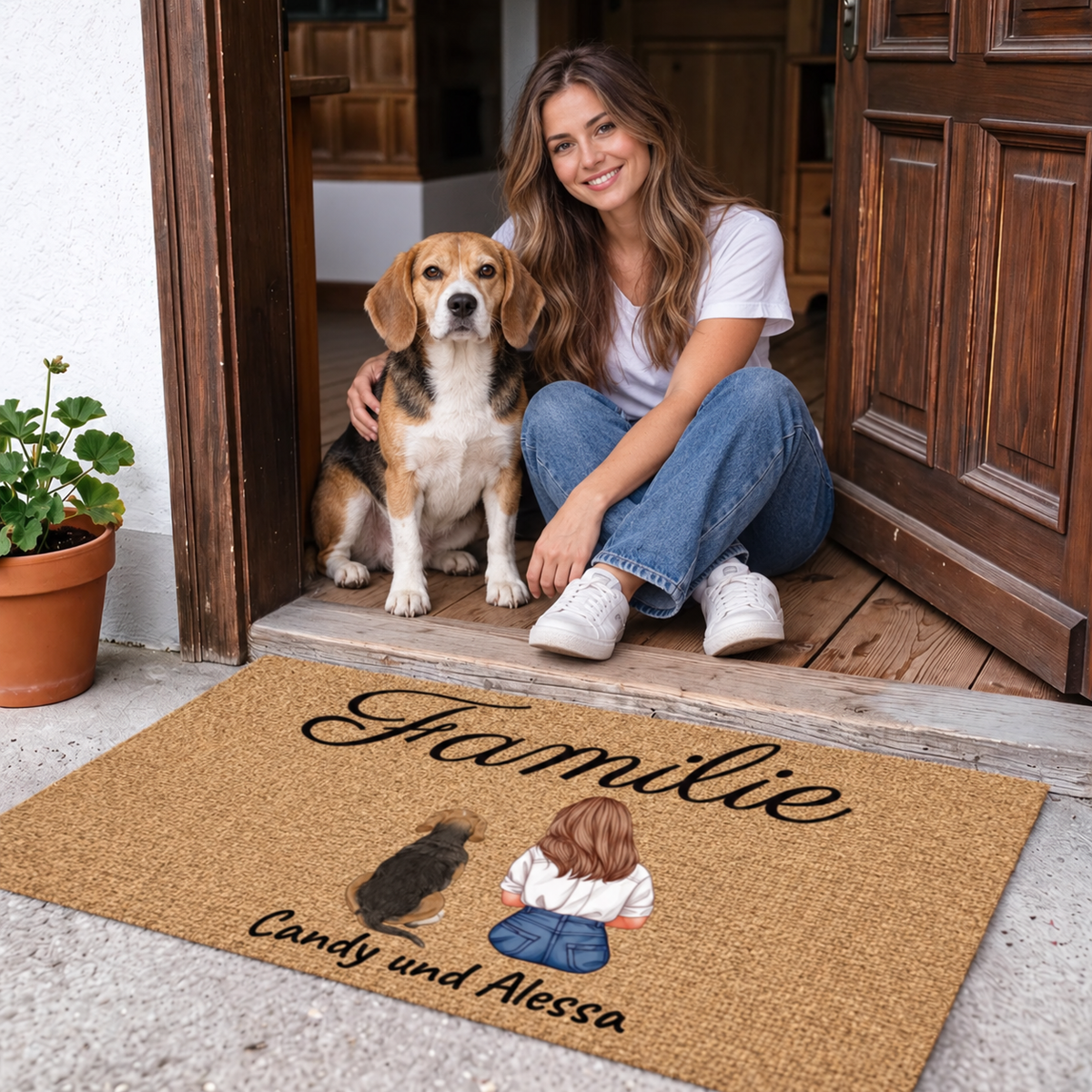 Personalisierte Fußmatte mit der Aufschrift "Familie" und Illustrationen von zwei Personen und einem Hund.