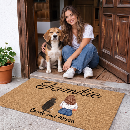 Personalisierte Fußmatte mit der Aufschrift "Familie" und Illustrationen von zwei Personen und einem Hund.
