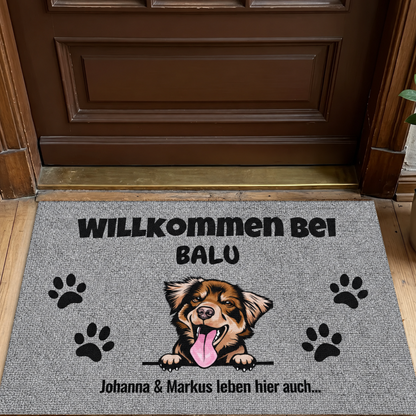 Personalisierte Fußmatte mit Hundemotiv in Grau, beschriftet mit "Willkommen bei Balu" und Pfotenabdrücken.