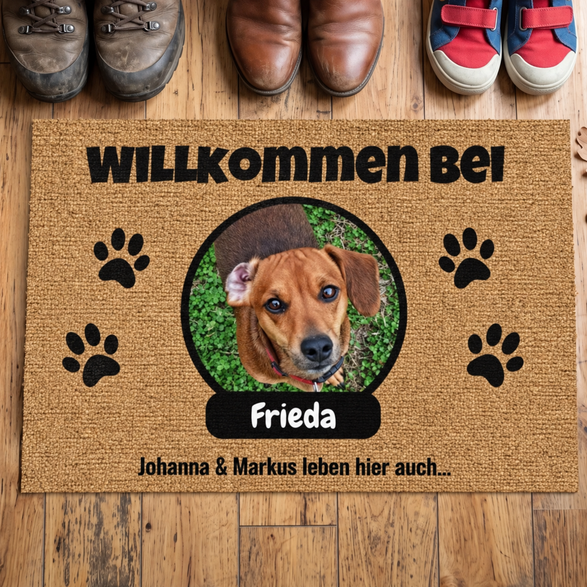 Personalisierte Fußmatte aus Jute mit Hundebild und Namen, braun mit schwarzer Schrift und Pfotenmotiven.