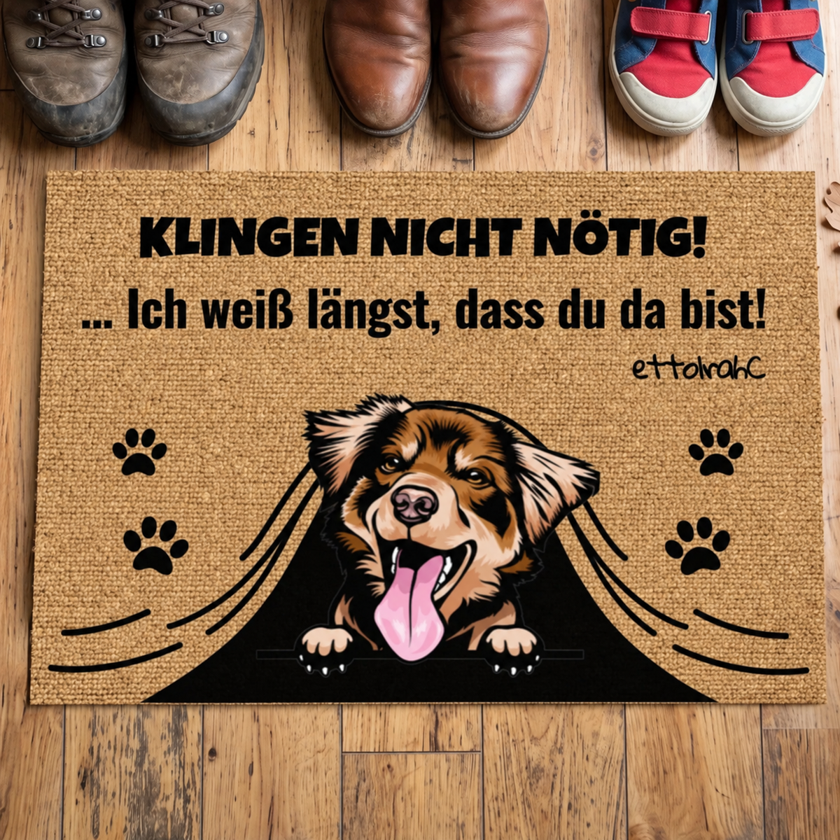 Personalisierte Fußmatte mit Hundemotiv und Text, braun, aus Kokosfaser, für den Eingangsbereich.