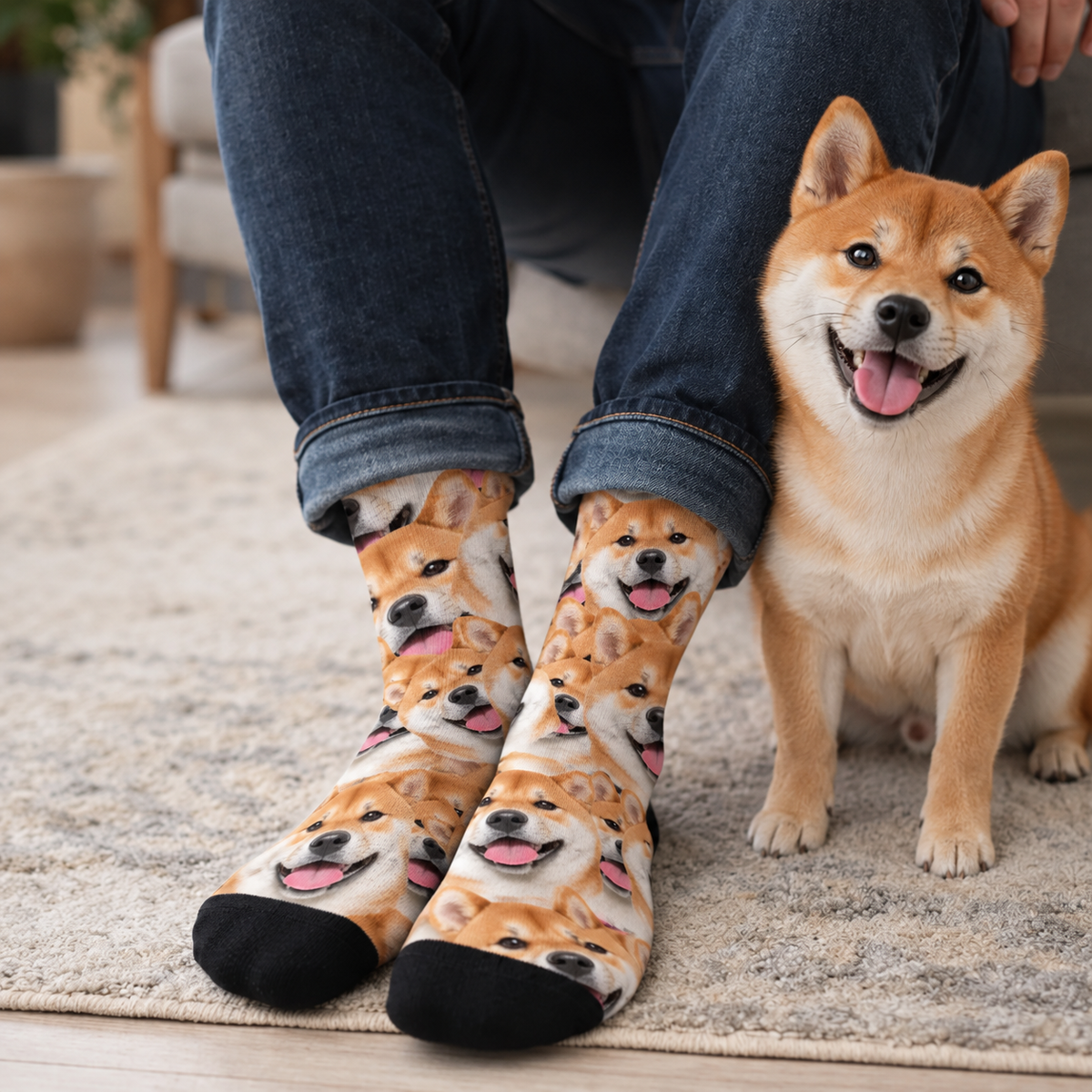 Personalisierte Socken mit Wildem Fotomuster von Shiba Inu in bunten Farben, getragen von einer Person.