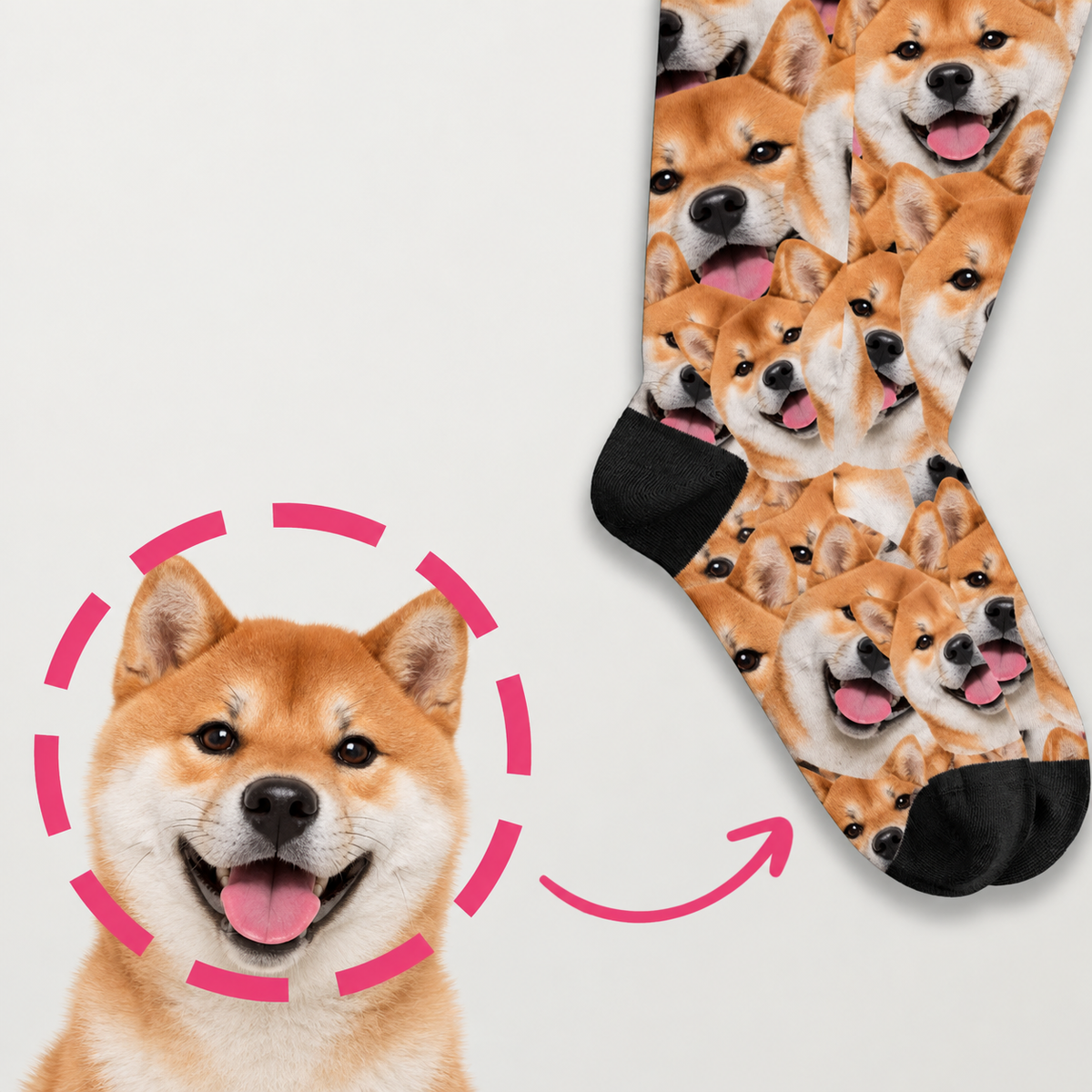 Socken mit buntem Fotomuster von Hunden, schwarzen Fußrippen und schwarzer Sohle.