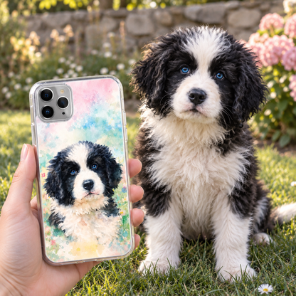 Handyhülle aus transparentem Material mit Aquarellmotiv eines Hundes, gehalten von einer Person im Freien.