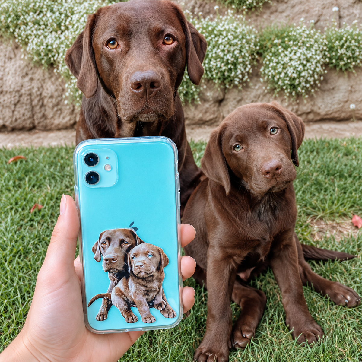 Personalisierte transparente Handyhülle mit Hundeportrait, gehalten von einer Person vor zwei Labrador-Hunden im Freien.