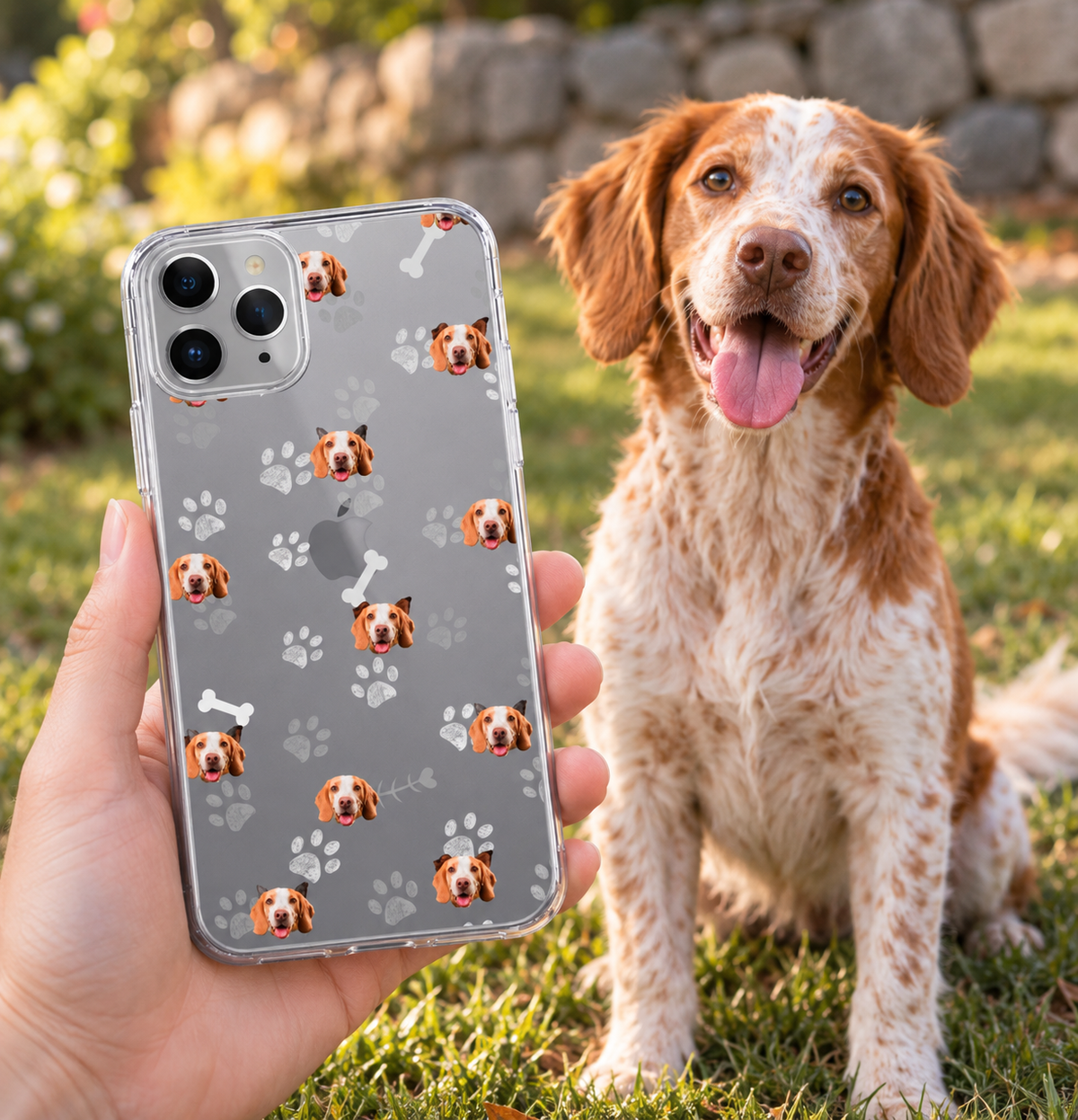 Personalisierte Handyhülle mit Hundegesichtern und Knochenmotiven auf grauem Hintergrund.