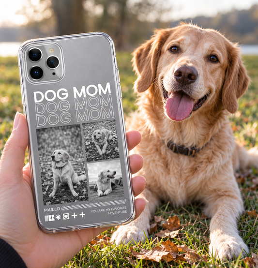 Personalisierte transparente Handyhülle mit "Dog Mom" und Fotos eines Hundes.