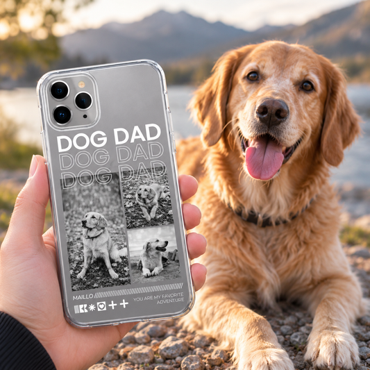 Personalisierte Handyhülle mit dem Aufdruck "Dog Dad" und Fotos eines Hundes in Schwarz-Weiß.