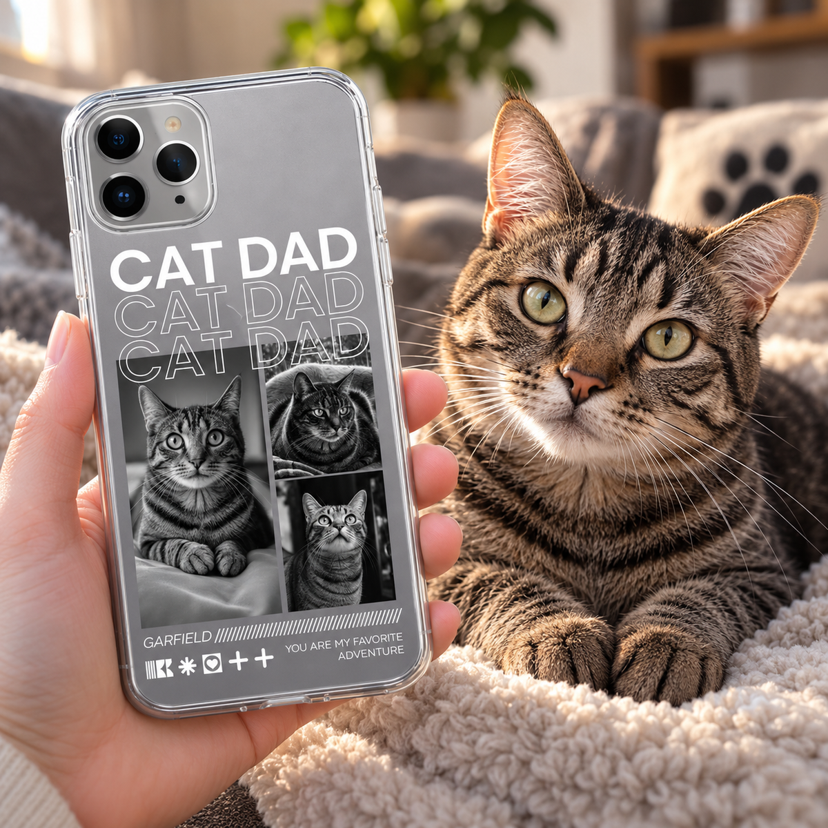 Personalisierte Handyhülle mit Bildern von Katzen und dem Schriftzug "Cat Dad". Transparentes Material.