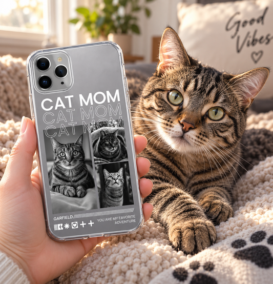 Handyhülle mit dem Aufdruck "Cat Mom" und Bildern von Katzen, transparentes Material, in einer gemütlichen Umgebung.