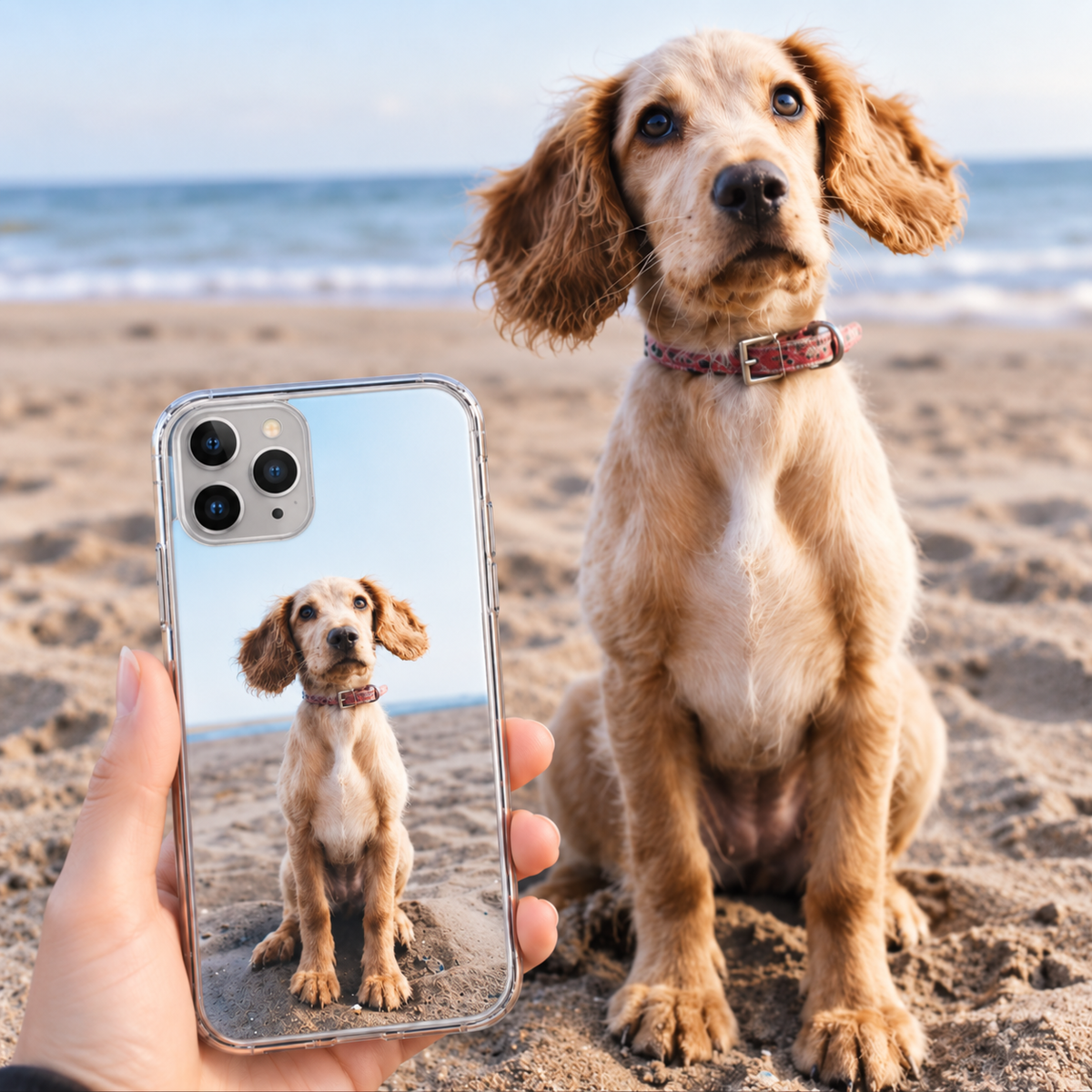 Personalisierte Handyhülle mit Bild eines Hundes, transparentes Material, am Strand gehalten.
