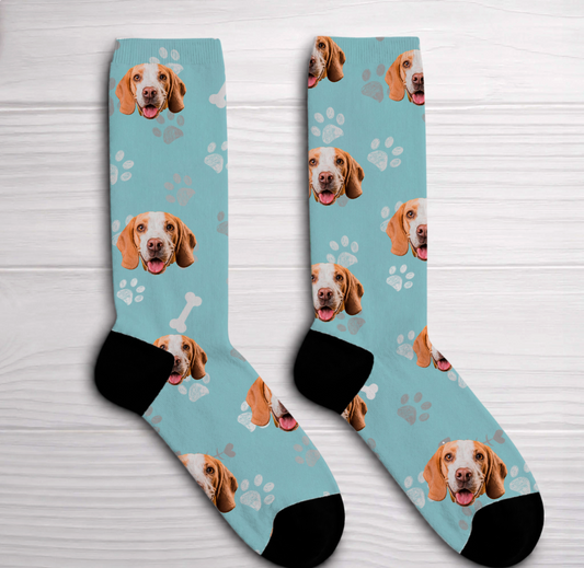 Teeinblue-Original – personalisierte türkise Socken mit Hundefoto, Pfoten und Knochen