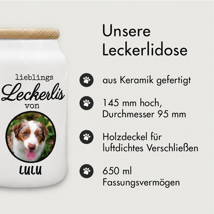 Personalisierte Leckerlidose aus Keramik mit Holzdeckel, Höhe 145 mm und Durchmesser 95 mm, 650 ml Fassungsvermögen.