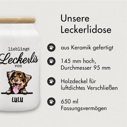 Keramikdose mit personalisiertem Aufdruck für Hundeleckerlis, 145 mm hoch und 95 mm Durchmesser. Holzdeckel.