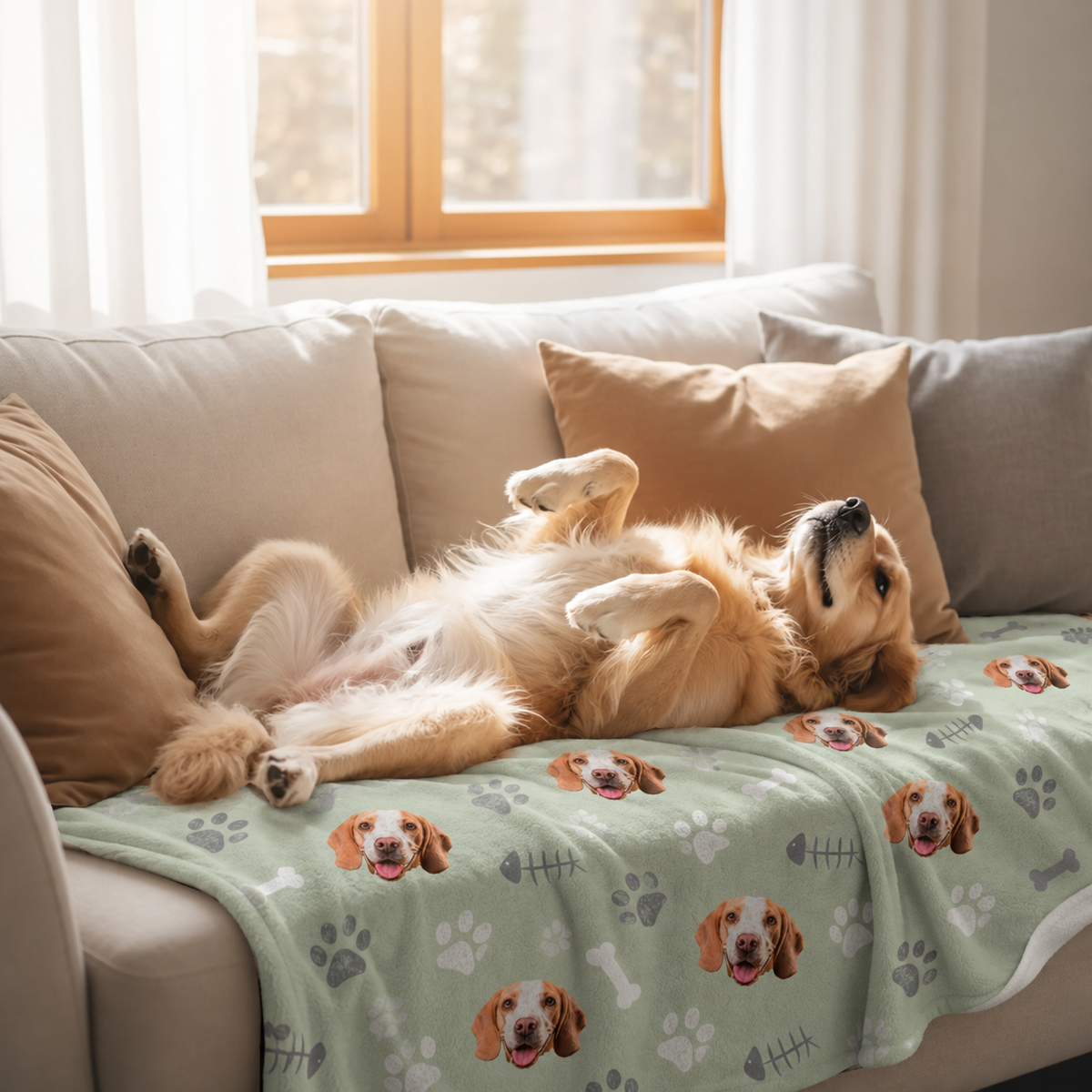 Personalisierte Haustierdecke mit Hundemotiv in Grün, auf einem Sofa mit Kissen, ein Hund liegt relaxed darauf.